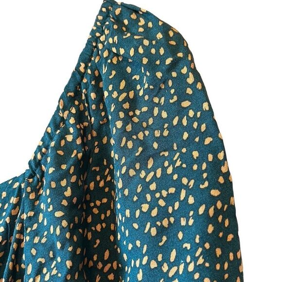 Square Neck 3/4 Sleeve Smocked Blouse Teal Gold Print Elegant Casual Top - Picture 3 of 6
